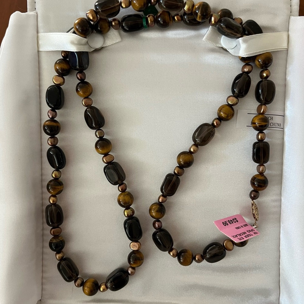 10K Gold TIGERS EYE Baroque Pearl 10mm Bead Long Necklace New PERFECT GIFT 2026
